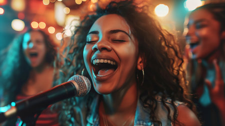 Friends gather at a lively venue, passionately singing and enjoying the karaoke experience togetherの素材