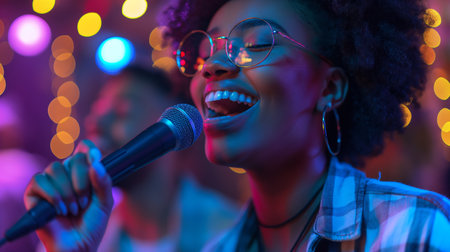 A vibrant nightlife scene featuring a joyful singer engaging in karaoke at a fun partyの素材