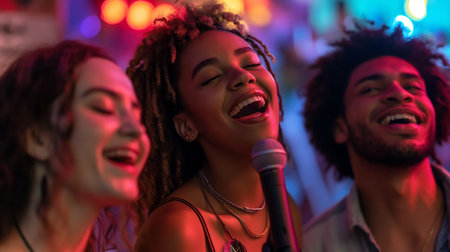 Friends sing passionately into the microphone, enjoying a fun night filled with laughter and musicの素材