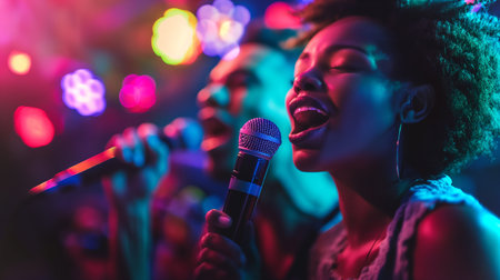 Friends have a fun karaoke night, singing passionately under colorful lightsの素材
