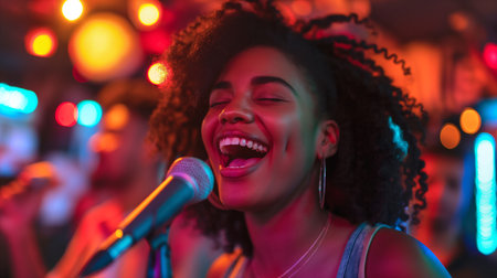 A joyful performer sings passionately into the microphone during a lively karaoke nightの素材