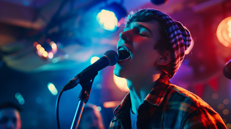 Lively karaoke night with energetic performances and colorful lightsの素材