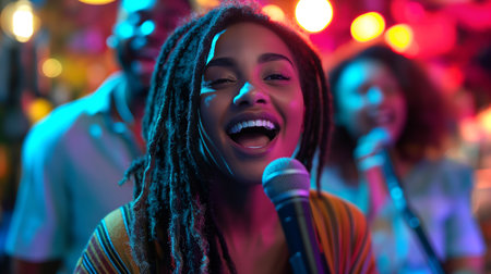 Participants enjoy singing together, creating a joyful atmosphere during the lively karaoke nightの素材