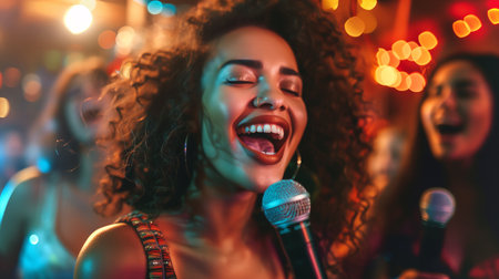 People sing joyfully during a fun-filled karaoke party as the atmosphere comes aliveの素材