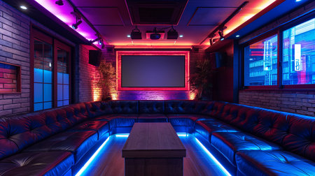 A vibrant karaoke lounge with stylish seating and dynamic lighting for a fun atmosphereの素材