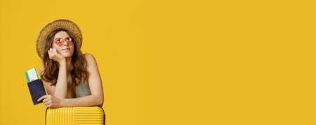 Millennial traveler with suitcase and passport ready for summer adventureの写真素材