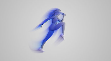 Young Woman Exercising With Dumbbells Isolated On Pastel Backgroundの写真素材