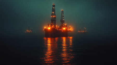 Nighttime operations at offshore oil drilling platforms under a foggy atmosphere. Generative AIの素材