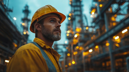 Worker in yellow helmet observes operations at a petrochemical refinery during dusk with industrial equipment in view. Generative AIの素材