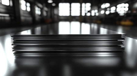 Steel and aluminum sheets stacked in a modern factory setting with a focus on manufacturing processes and automation. Generative AIの素材