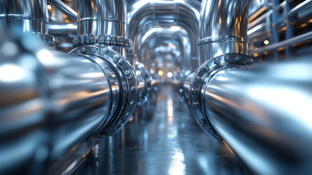 Advanced manufacturing facility showcasing sleek aluminum and steel piping with a focus on industrial automation processes. Generative AIの素材