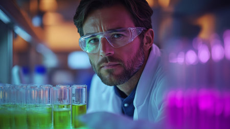 Chemical engineer analyzing synthesis processes in a modern laboratory setting. Generative AIの素材