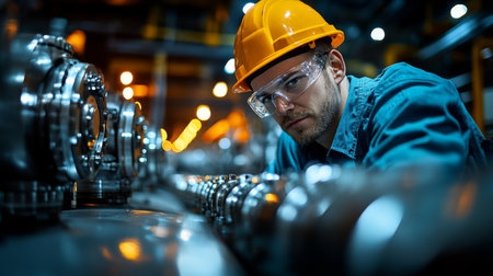 Focused worker inspecting equipment in a modern petrochemical refinery setting during daytime operations. Generative AIの素材