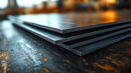 Steel and aluminum sheets stacked neatly in a factory setting showcasing industrial manufacturing processes. Generative AIの素材