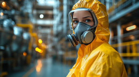 Worker in protective gear focuses on safety in a manufacturing environment with advanced automation and equipment. Generative AIの素材