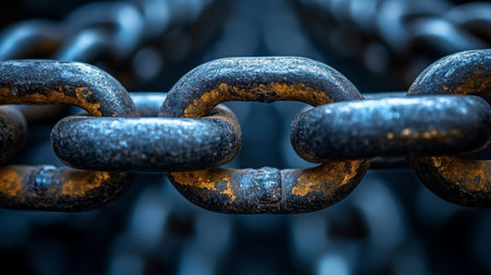 Close-up of heavy industrial chain links showcasing wear and rust in a manufacturing facility. Generative AIの素材