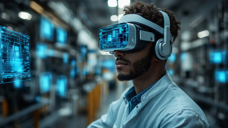 Engineer using virtual reality technology to enhance automation processes in a modern manufacturing facility. Generative AIの素材