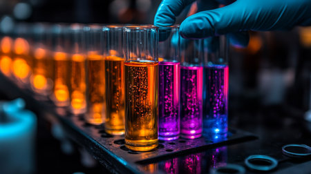 Brightly colored liquids in test tubes showcase chemical reactions in an industrial laboratory setting. Generative AIの素材