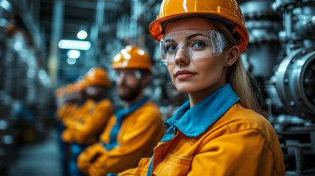 Professionals in safety gear focus on their tasks in a petrochemical refineryの素材