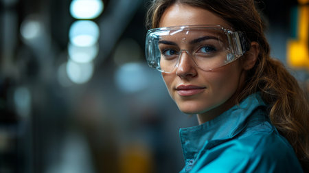 Engineer in safety glasses engages in petrochemical synthesis within a modern refinery setting. Generative AIの素材