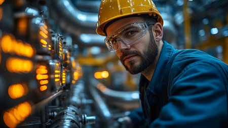 Skilled technician monitors automated systems in a petrochemical refinery during industrial operations. Generative AIの素材