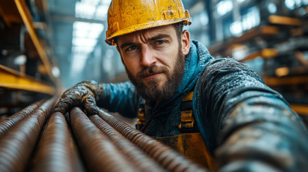 Focused worker in steel manufacturing facility during daylight engaged in metallurgy tasks. Generative AIの素材
