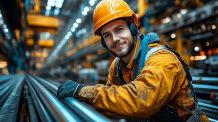 Skilled worker smiling while overseeing steel fabrication in a modern industrial factory setting. Generative AIの素材
