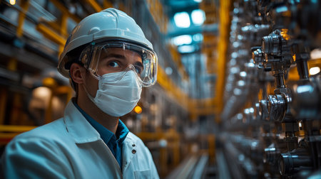 Worker in protective gear monitoring petrochemical refinery equipment during industrial processing operations. Generative AIの素材