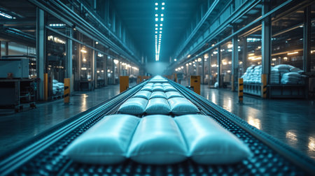 Automated manufacturing process in a modern petrochemical factory with synchronized packaging systems. Generative AIの素材