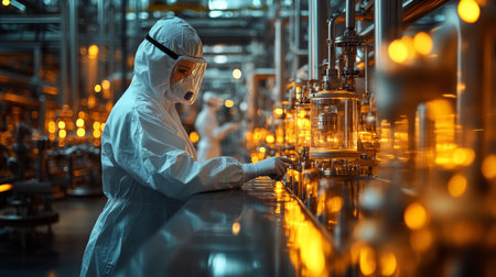 Worker in protective gear monitors equipment in a high-tech petrochemical processing facility during the day. Generative AIの素材