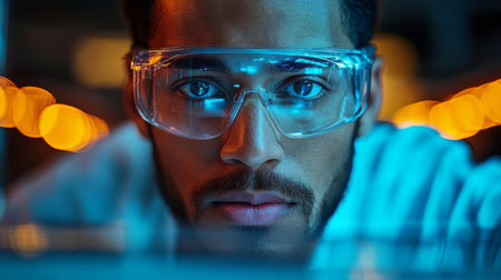 Focused engineer examines manufacturing process under factory lights in modern facility. Generative AIの素材