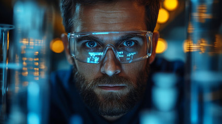 Researcher conducting experiments in a petrochemical facility with advanced automation technology and precise instruments. Generative AIの素材