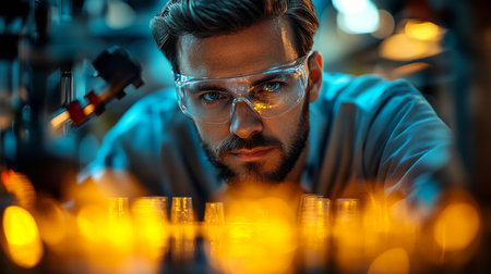 Close observation of a technician in a laboratory focusing on light reflections during a metallurgical process. Generative AIの素材