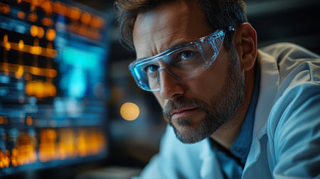 Expert in safety glasses analyzing data in a modern manufacturing facility during nighttime operations in an engineering lab. Generative AIの素材