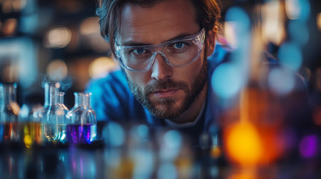 Expert engineer in a lab analyzing colorful chemical reactions during a synthesis process in a petrochemical facility. Generative AIの素材