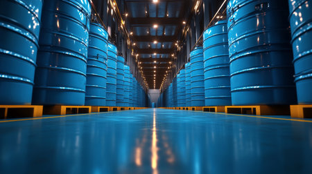 Industrial factory showcasing rows of blue barrels in a petrochemical processing facility during daylight hours. Generative AIの素材