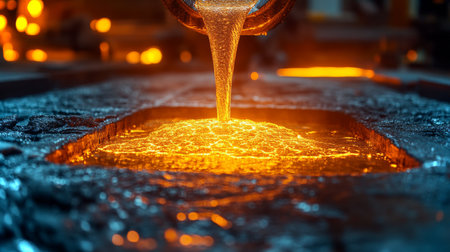 Molten metal pours into molds during steel and aluminum casting at an industrial factory in a bustling manufacturing environment. Generative AIの素材