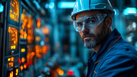 Expert technician monitors control panel in advanced petrochemical manufacturing facility during evening shift. Generative AIの素材