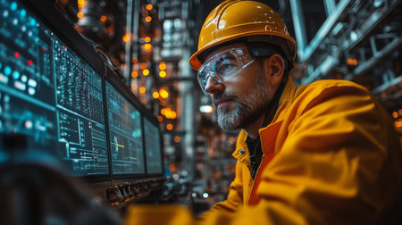 Skilled engineer monitors complex systems in a petrochemical refinery during a day shift in an automated environment. Generative AIの素材