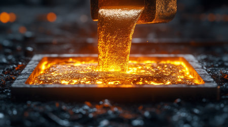 High-temperature molten metal pouring into a mold in a heavy manufacturing facility for casting aluminum. Generative AIの素材