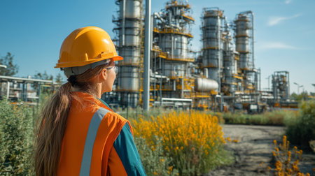 Worker observing a petrochemical refinery during daylight hours showcasing automation and engineering processes. Generative AIの素材