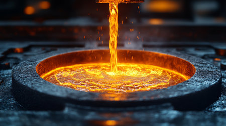 Molten metal pouring into a mold in a high-temperature manufacturing facility focused on steel and aluminum casting. Generative AIの素材