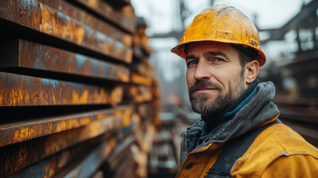 Confidence in the steel industry with a skilled worker stands amid metal stacks at a manufacturing facility. Generative AIの素材