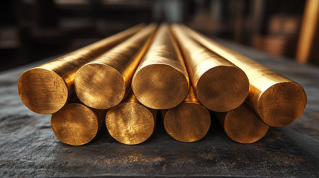 Industrial metal bars stacked on a workbench ready for machining in a modern manufacturing facility. Generative AIの素材