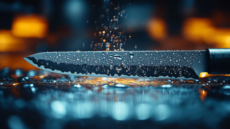 Water droplets glisten on a sharp industrial knife in a workshop setting during manufacturing operations. Generative AIの素材