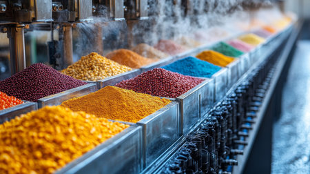 Colorful granules in a processing facility showcase the manufacturing of petrochemical products through advanced automation. Generative AIの素材