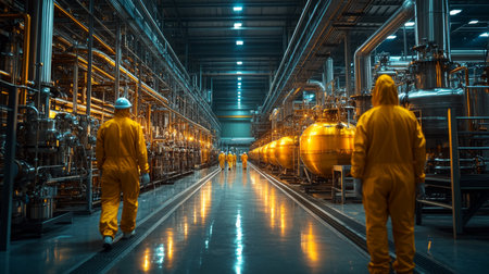 Workers in protective gear navigate a petrochemical processing facility during a routine operation. Generative AIの素材