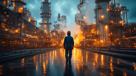 Industrial worker observing a petrochemical refinery at dusk with vibrant lights and advanced machinery. Generative AIの素材