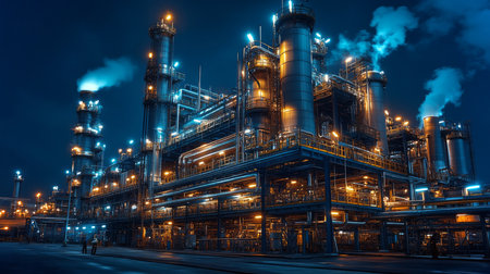 Nighttime operations at a large petrochemical facility with advanced automation technologies in full effect. Generative AIの素材