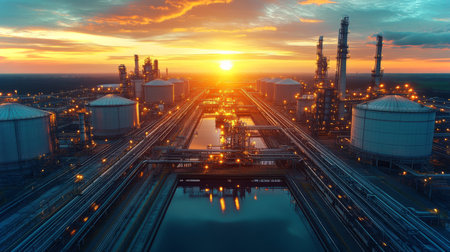 Manufacturing facilities at sunset with active petrochemical processing and industrial engineering systems. Generative AIの素材